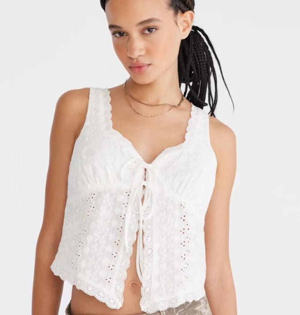 Aeropostale Baby Doll Crop Tank Top Y2K Milkmaid Boho SZ XL White Eyelet Ruffle